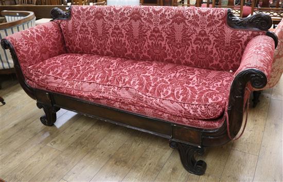 A William IV scroll end upholstered settee W.210cm